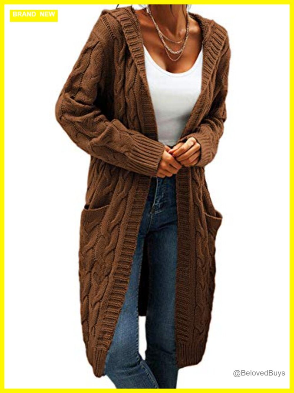 Cable Knit Open Front Long Cardigan Hooded Sweater with Pockets